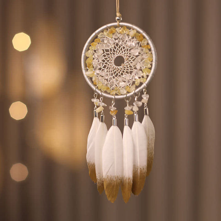 Attrape-rêves en plumes tressées avec perles en cristal transparent citrine Olivenorma