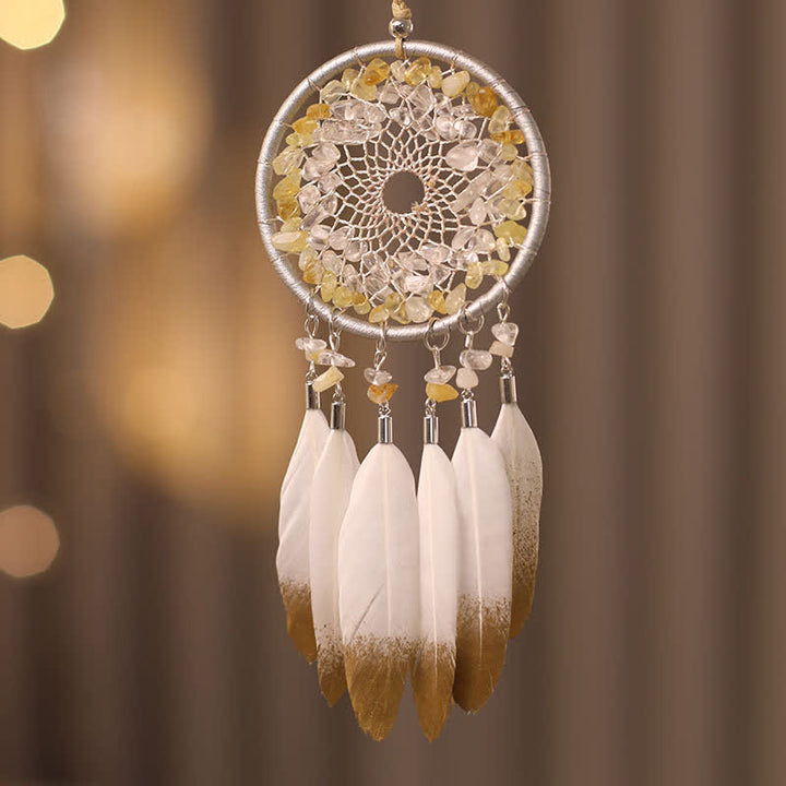 Attrape-rêves en plumes tressées avec perles en cristal transparent citrine Olivenorma