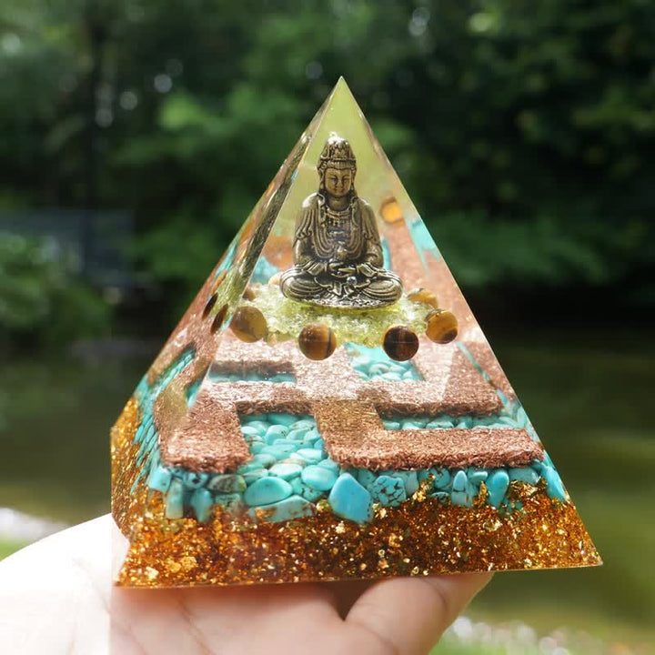 Pyramide d'orgone de Bouddha en turquoise péridot et œil de tigre Olivenorma