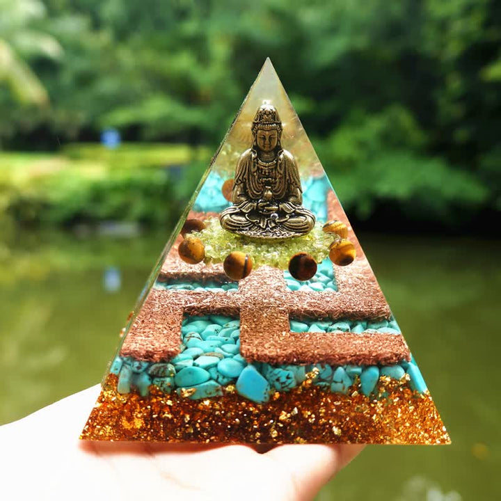 Pyramide d'orgone de Bouddha en turquoise péridot et œil de tigre Olivenorma