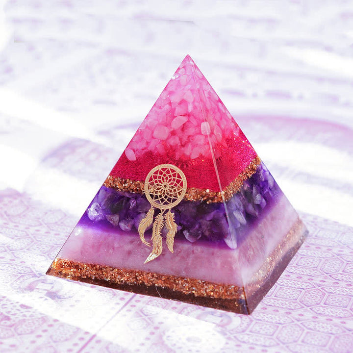 Pyramide d'orgone en quartz rose, améthyste et lépidolite Olivenorma « Danse de Cupidon »
