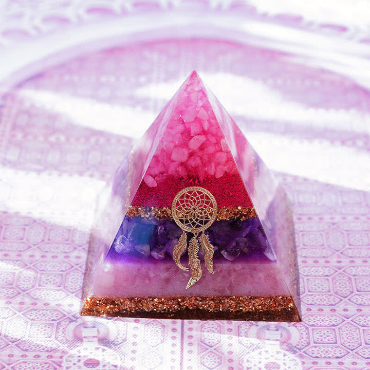Pyramide d'orgone en quartz rose, améthyste et lépidolite Olivenorma « Danse de Cupidon »