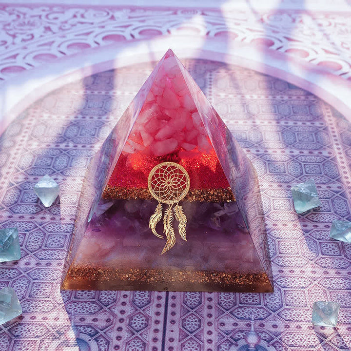 Pyramide d'orgone en quartz rose, améthyste et lépidolite Olivenorma « Danse de Cupidon »