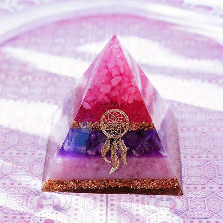 Pyramide d'orgone en quartz rose, améthyste et lépidolite Olivenorma « Danse de Cupidon »