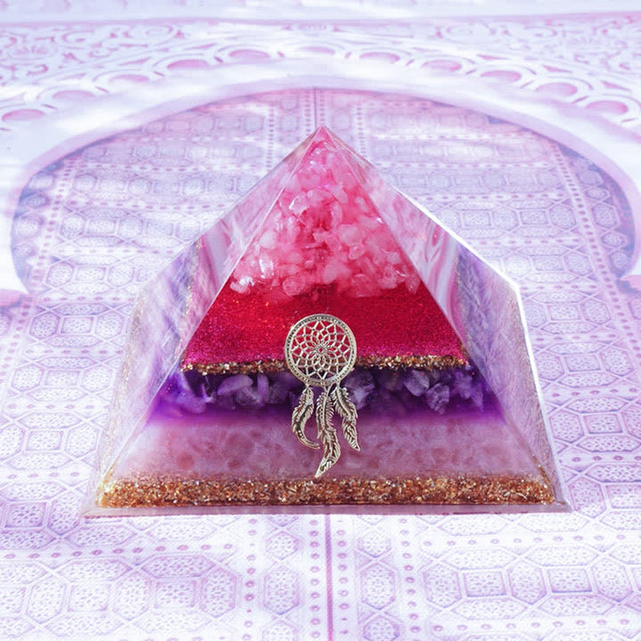 Pyramide d'orgone en quartz rose, améthyste et lépidolite Olivenorma « Danse de Cupidon »