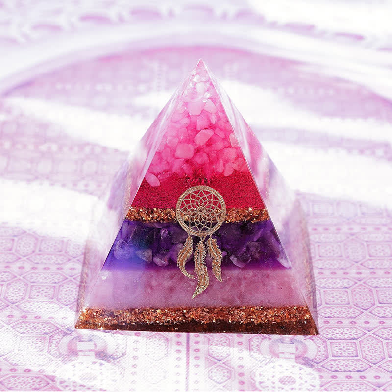 Pyramide d'orgone en quartz rose, améthyste et lépidolite Olivenorma « Danse de Cupidon »