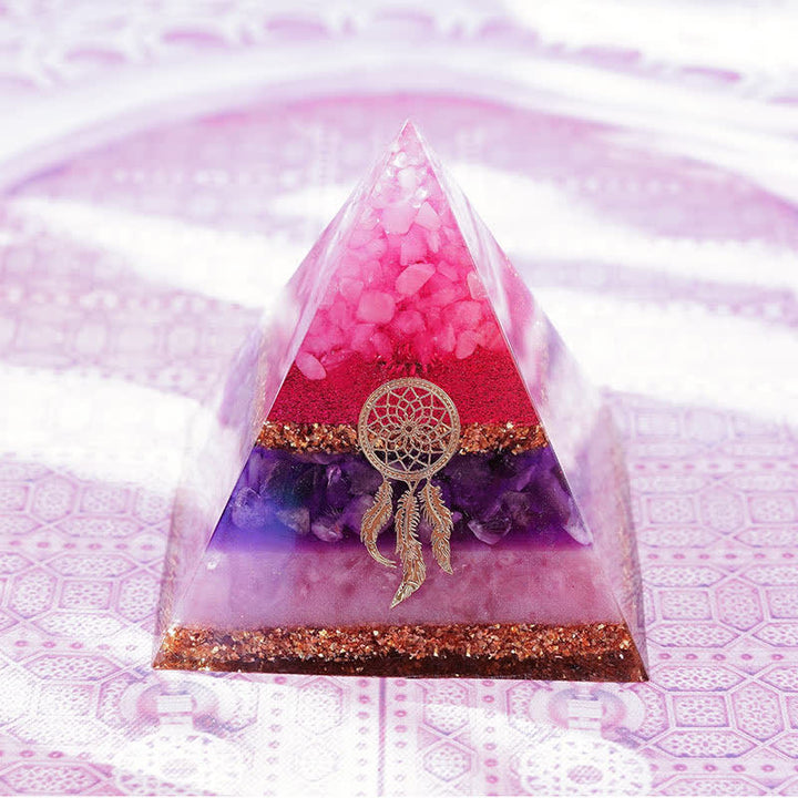 Pyramide d'orgone en quartz rose, améthyste et lépidolite Olivenorma « Danse de Cupidon »