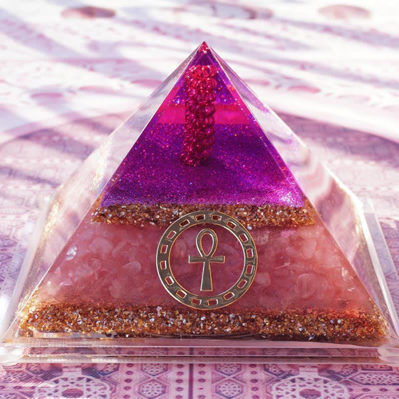 Pyramide d'orgone en quartz rose Olivenorma « Clé de vie Ankh »