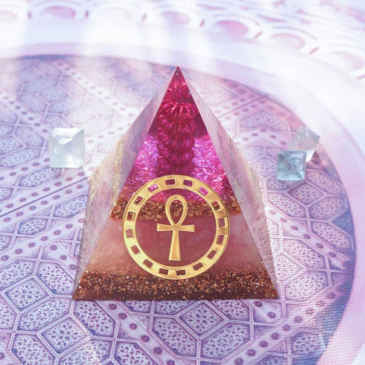 Pyramide d'orgone en quartz rose Olivenorma « Clé de vie Ankh »