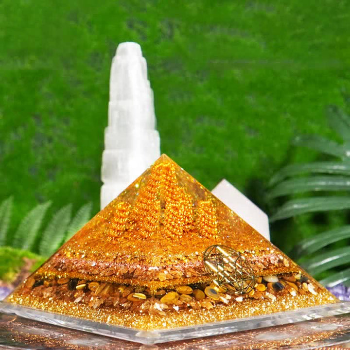 Pyramide d'orgone en œil de tigre naturel Olivenorma « Fortune » de 13 cm