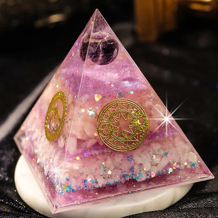 Pyramide d'orgone en quartz rose améthyste Olivenorma « Chance en amour »