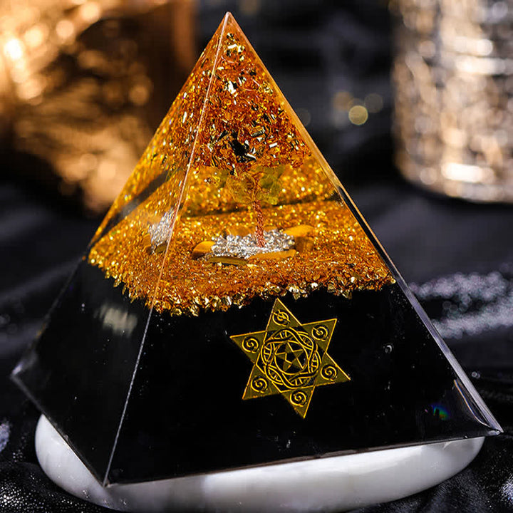Pyramide d'orgone en obsidienne œil de tigre Olivenorma « Gardien de la maison »