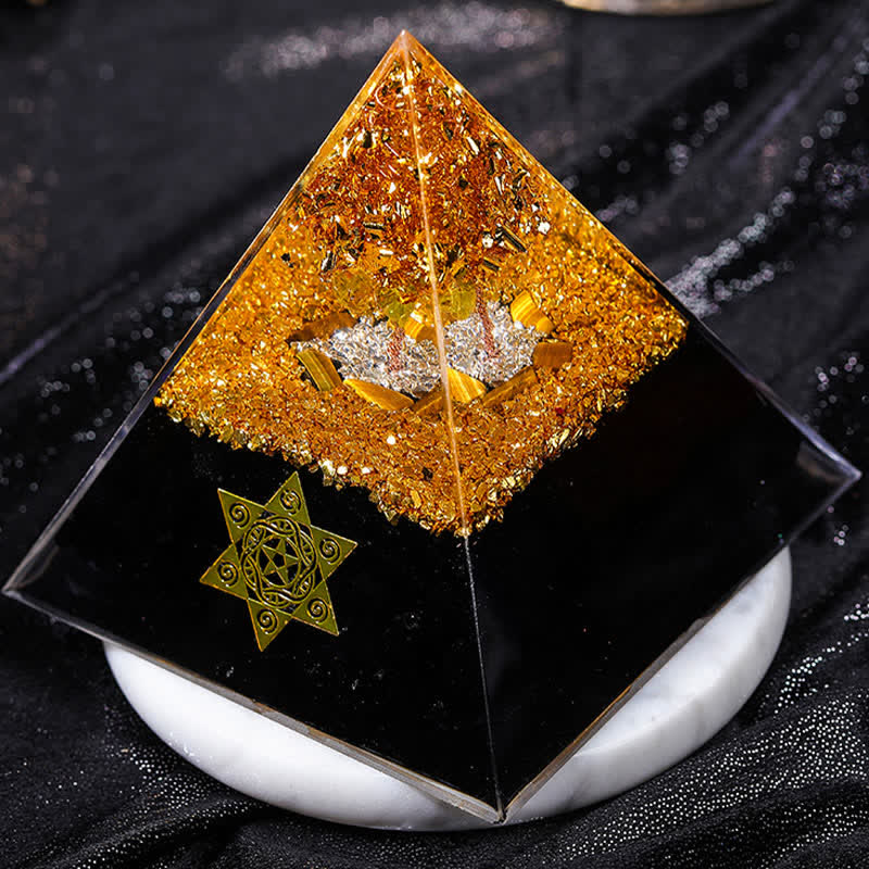 Pyramide d'orgone en obsidienne œil de tigre Olivenorma « Gardien de la maison »