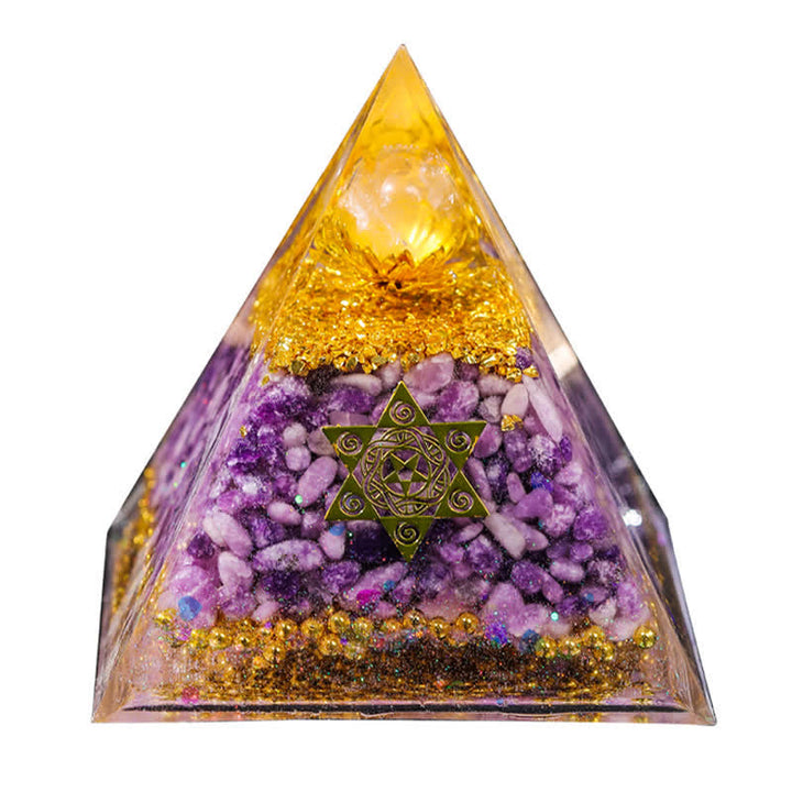 Pyramide d'orgone en lépidolite cristal transparent Olivenorma « Double Luck »