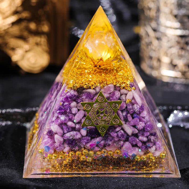 Pyramide d'orgone en lépidolite cristal transparent Olivenorma « Double Luck »