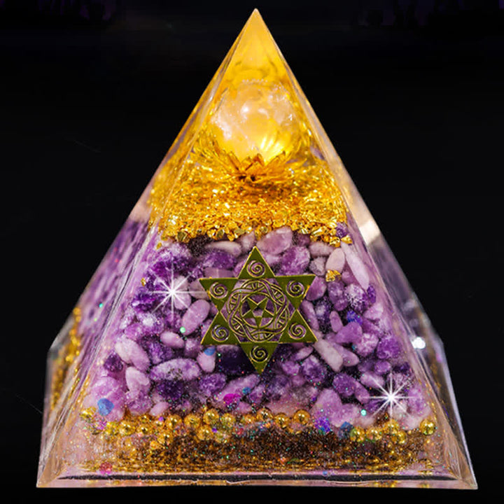 Pyramide d'orgone en lépidolite cristal transparent Olivenorma « Double Luck »