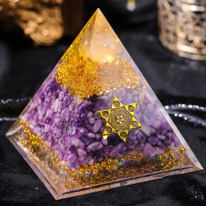 Pyramide d'orgone en lépidolite cristal transparent Olivenorma « Double Luck »