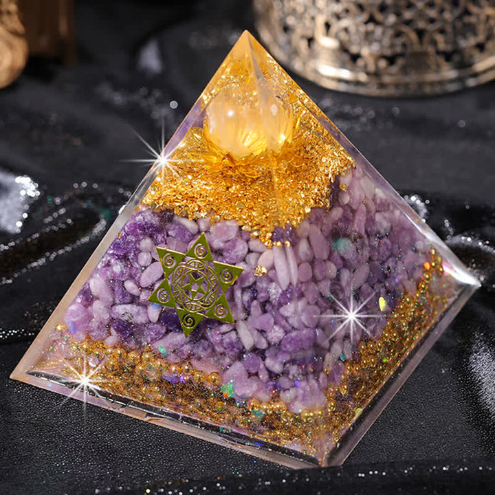 Pyramide d'orgone en lépidolite cristal transparent Olivenorma « Double Luck »