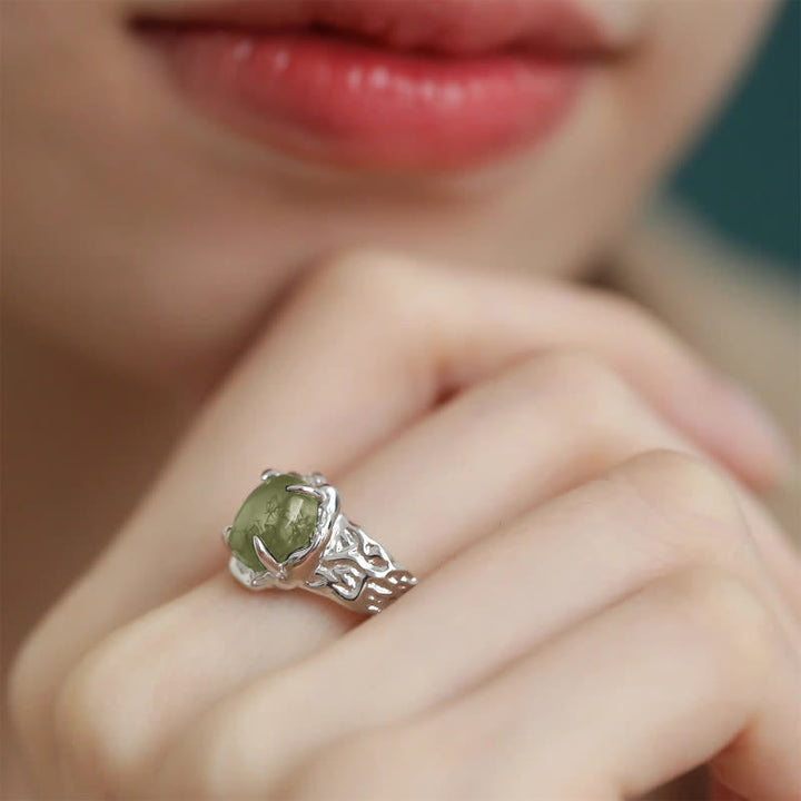 Bague à quatre griffes en agate mousse géométrique vintage Olivenorma