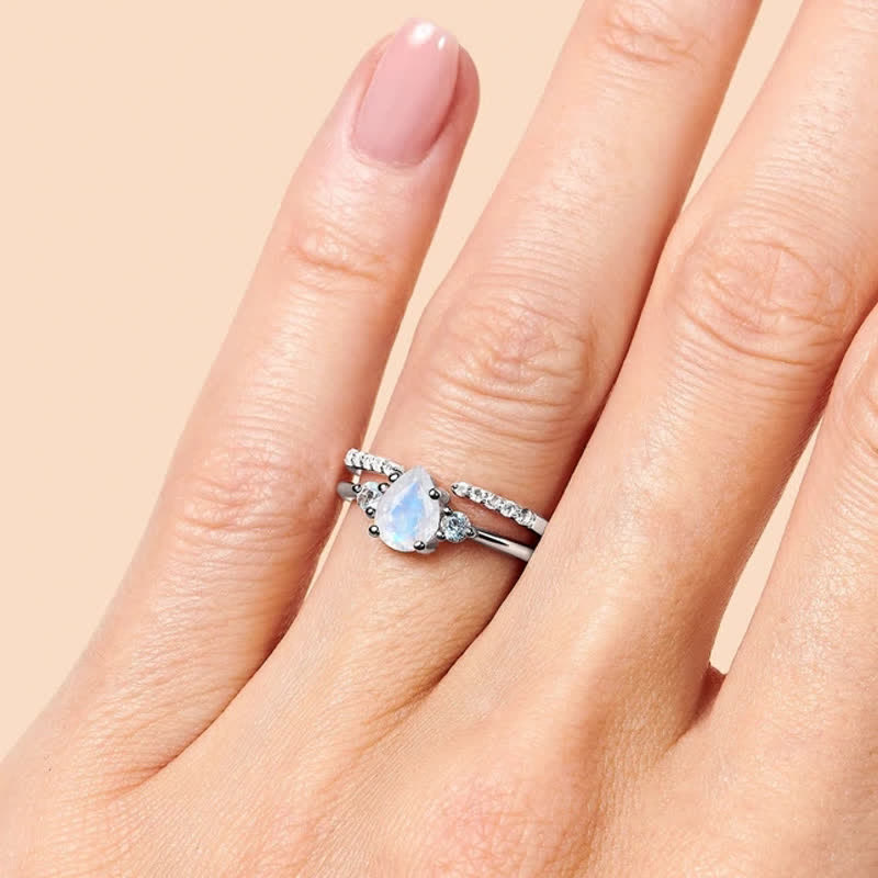 Bague double en zircon blanc avec pierre de lune et goutte d'eau Olivenorma