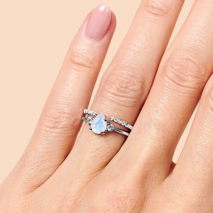 Bague double en zircon blanc avec pierre de lune et goutte d'eau Olivenorma