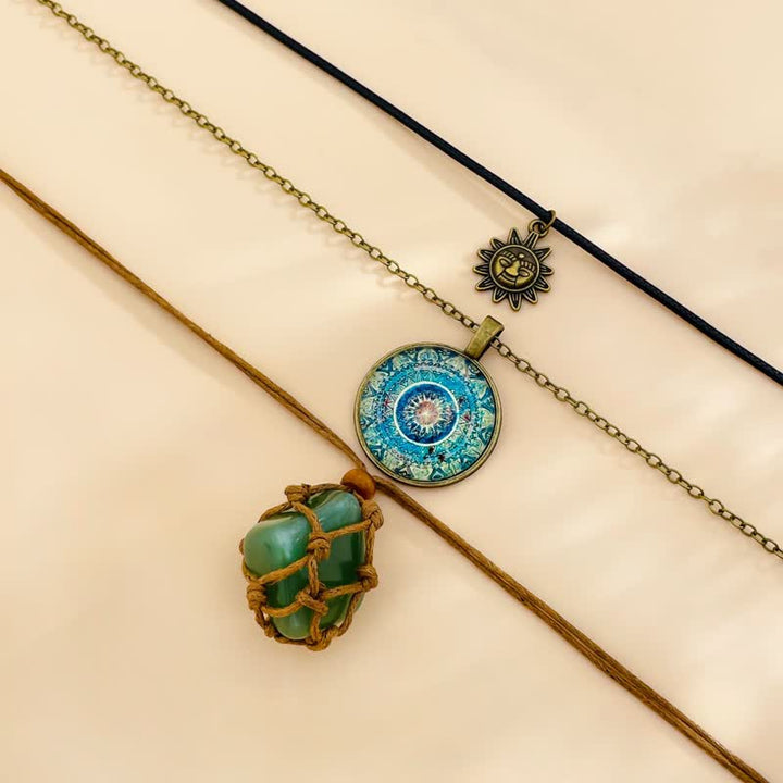 Ensemble de colliers à trois rangs avec pendentif soleil en aventurine verte Olivenorma