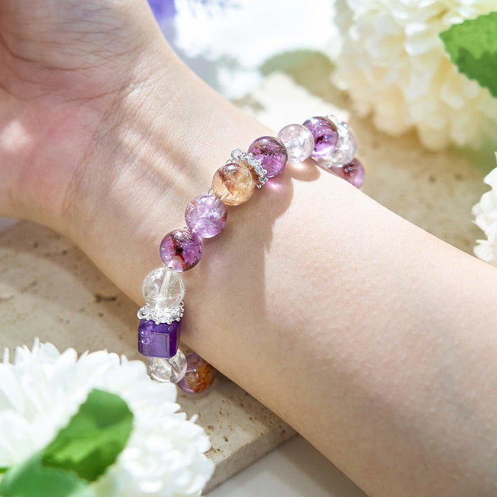 Bracelet chaîne en métal avec perles en cristal transparent améthyste Olivenorma