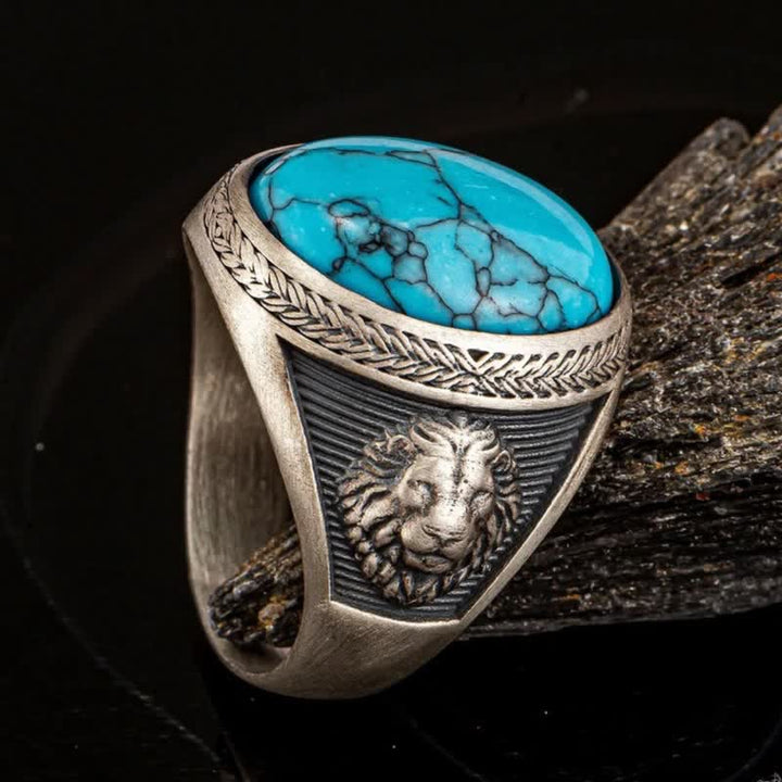 Bague pour homme en argent avec lion ailé ovale turquoise Olivenorma