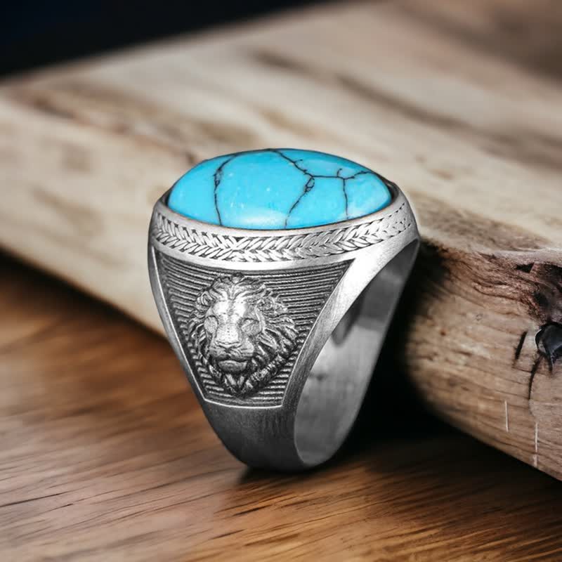 Bague pour homme en argent avec lion ailé ovale turquoise Olivenorma