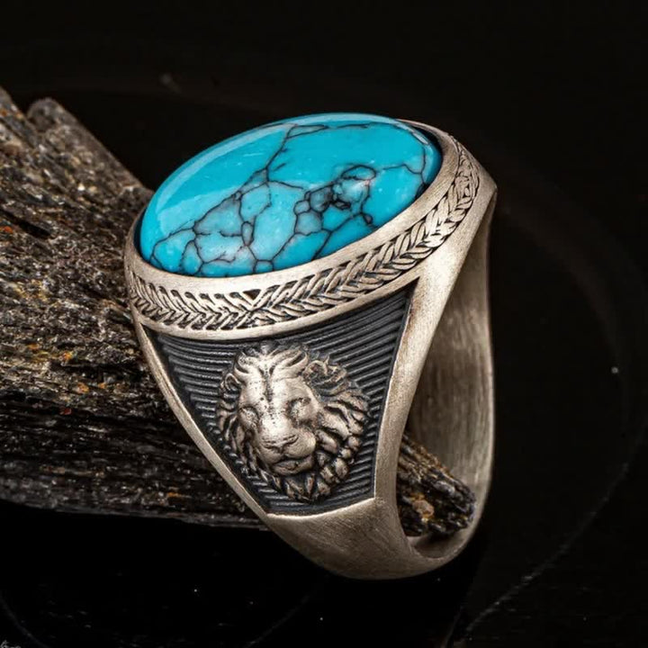 Bague pour homme en argent avec lion ailé ovale turquoise Olivenorma