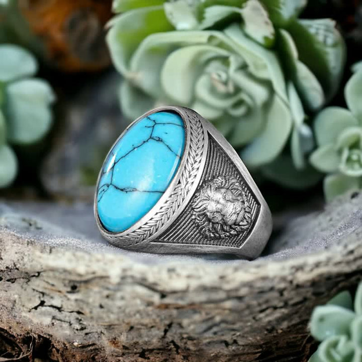Bague pour homme en argent avec lion ailé ovale turquoise Olivenorma