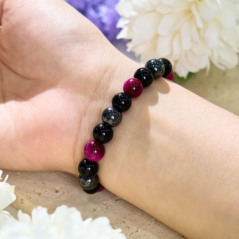 Bracelet de perles en hématite et obsidienne de œil tigre rouge rose Olivenorma 