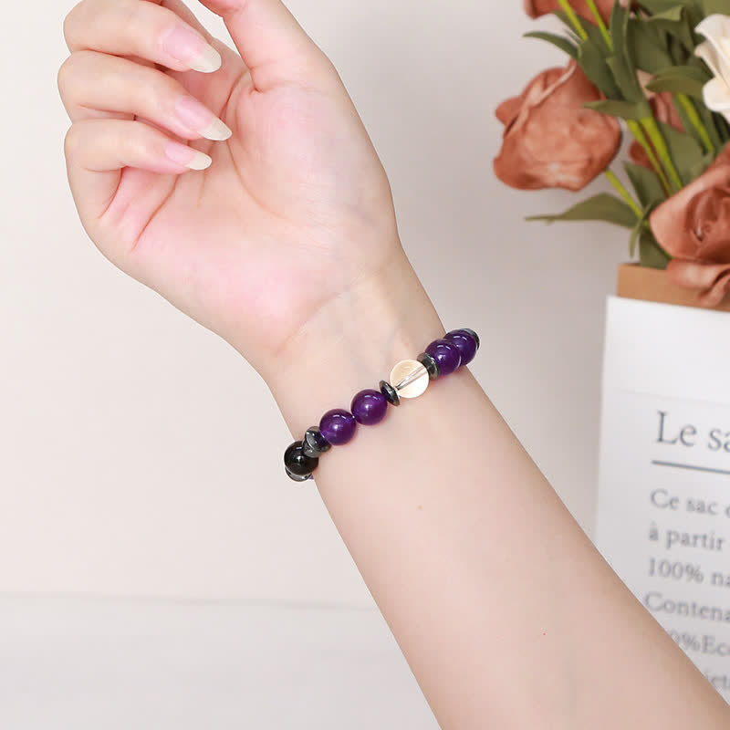 Bracelet de perles en cristal transparent, hématite, obsidienne et charoïte Olivenorma