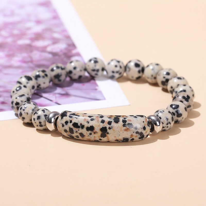 Bracelet long en perles de cristal et pierres naturelles Olivenorma - Jasper dalmatien - image 9