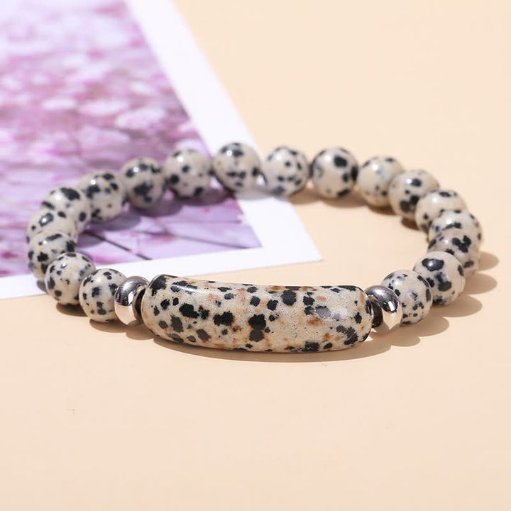 Bracelet long en perles de cristal et pierres naturelles Olivenorma - Jasper dalmatien - image 9
