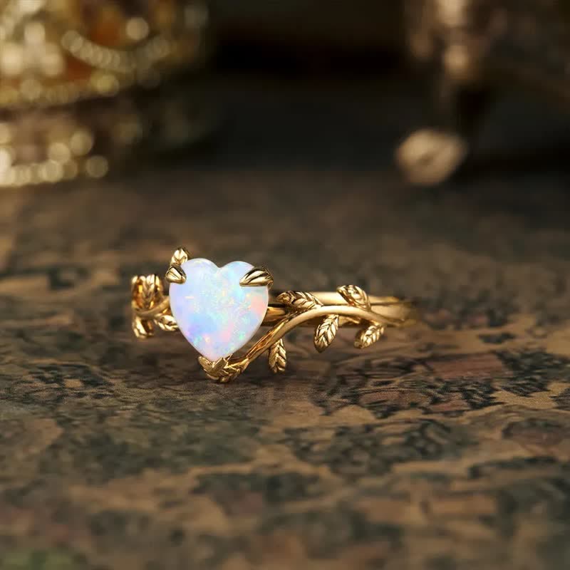 Bague Feuilles Coeur Opale Naturelle Olivenorma