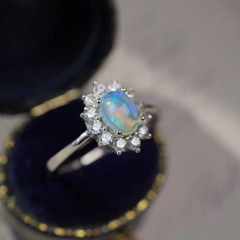 Bague en argent avec opale naturelle et zircon blanc tournesol Olivenorma
