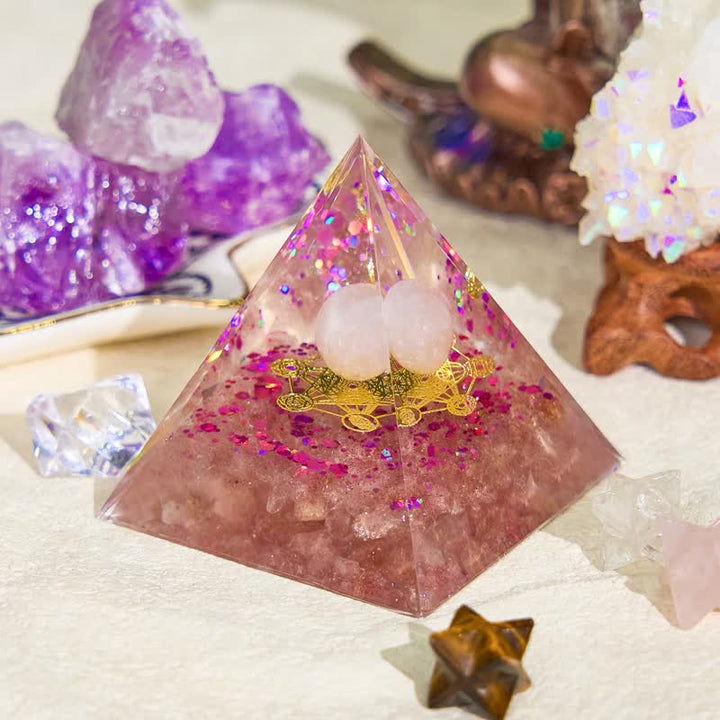 Pyramide orgone en quartz rose et quartz fraise Olivenorma