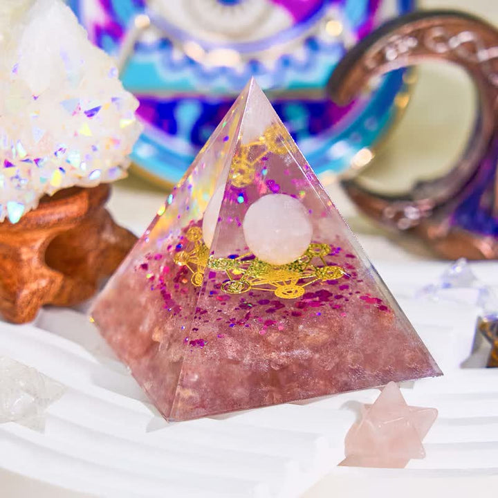 Pyramide orgone en quartz rose et quartz fraise Olivenorma