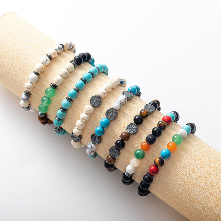 Bracelet en perles en métal avec plaque en pierre naturelle et arbre de vie Olivenorma