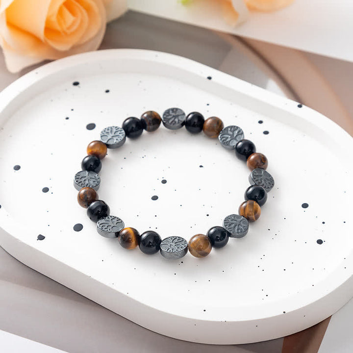 Bracelet en perles en métal avec plaque en pierre naturelle et arbre de vie Olivenorma