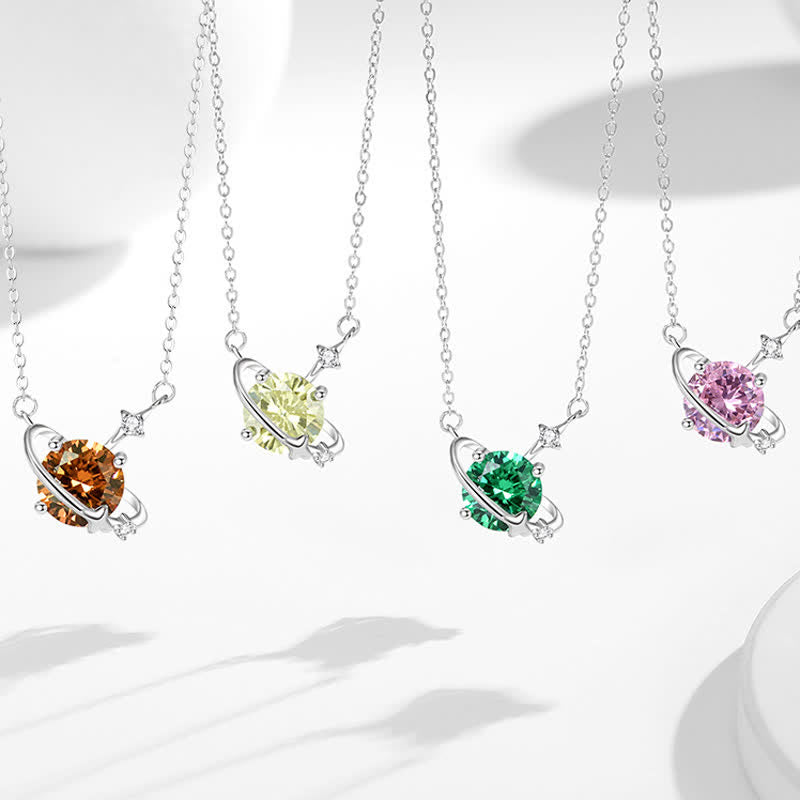 Collier en argent sterling avec pendentif planète en zircon coloré et pierre de naissance Olivenorma