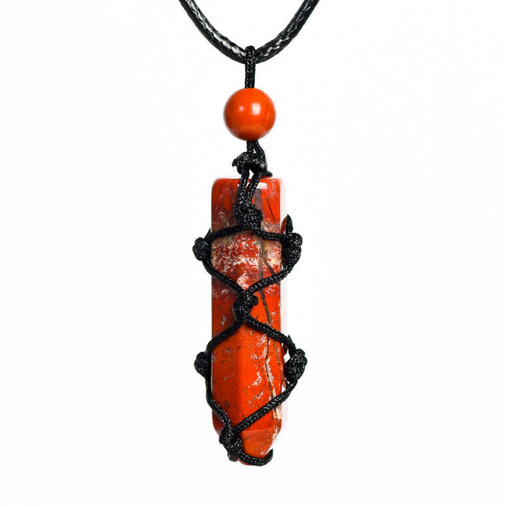 Collier pendentif en forme de nœud de sac en filet tissé à colonne de cristal Olivenorma