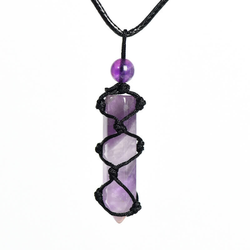 Collier pendentif en forme de nœud de sac en filet tissé à colonne de cristal Olivenorma