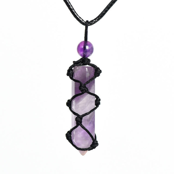 Collier pendentif en forme de nœud de sac en filet tissé à colonne de cristal Olivenorma