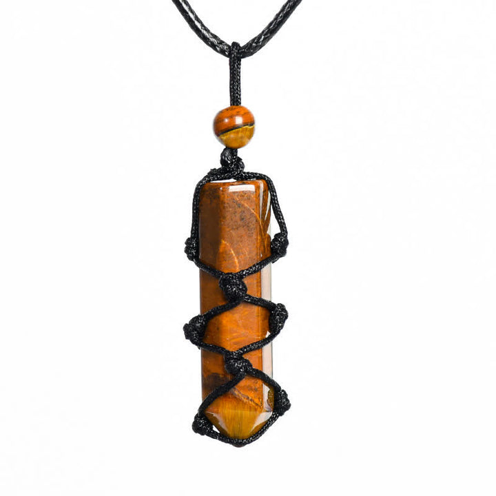 Collier pendentif en forme de nœud de sac en filet tissé à colonne de cristal Olivenorma