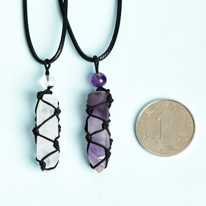 Collier pendentif en forme de nœud de sac en filet tissé à colonne de cristal Olivenorma
