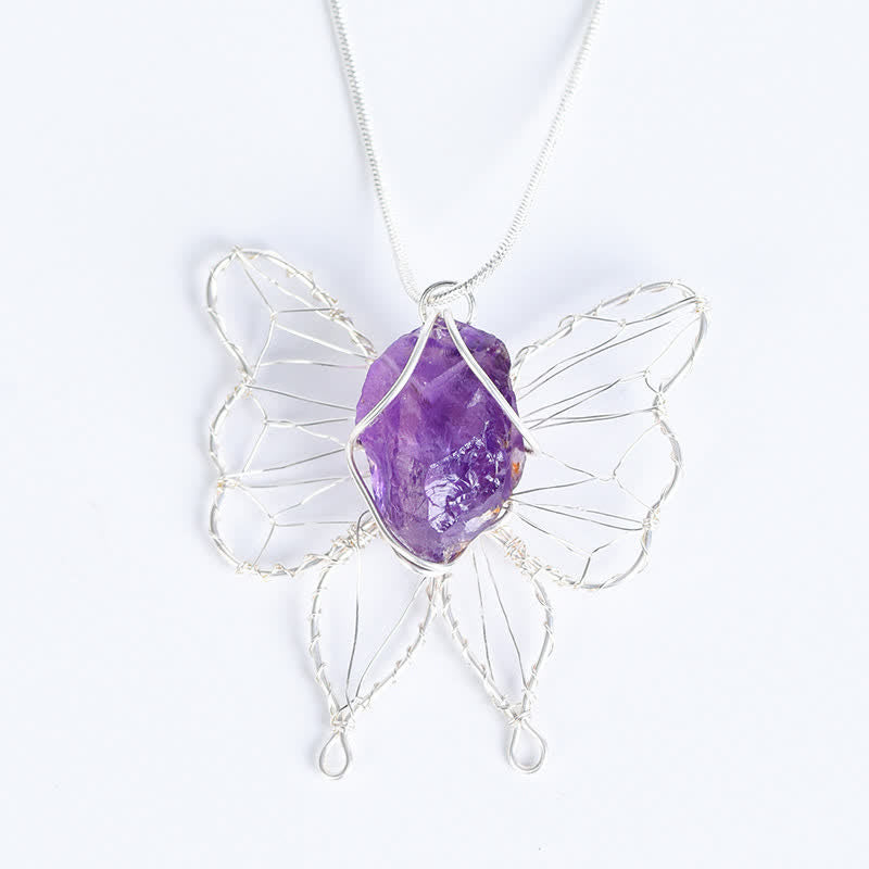 Collier pendentif papillon en fil d'argent enroulé à la main avec cristal naturel Olivenorma