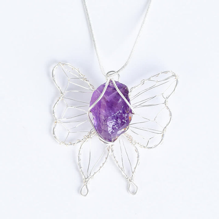 Collier pendentif papillon en fil d'argent enroulé à la main avec cristal naturel Olivenorma