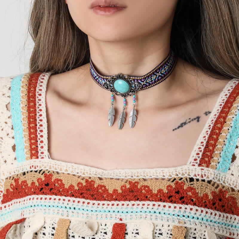 Collier pendentif turquoise en corde de coton tressé style bohème Olivenorma